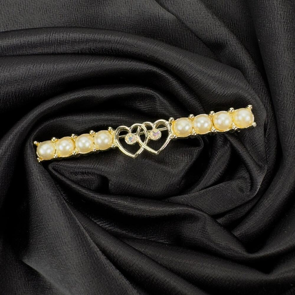 Vintage Sarah Coventry Faux Pearl Double Heart Gold Tone Bar Brooch Signed